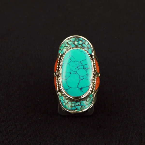 Tibetan Turquoise & Coral Handmade Ethnic Ring - Size 10 — photo 2