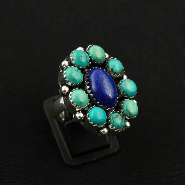 Natural Turquoise & Lapis Lazuli 2 Micron Sterling Silver Plated Handmade Ring - Size 7.5 — photo 1