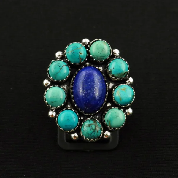 Natural Turquoise & Lapis Lazuli 2 Micron Sterling Silver Plated Handmade Ring - Size 7.5 — photo 2