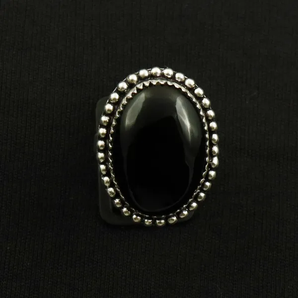 Natural Black Onyx 2 Micron Sterling Silver Plated Handmade Ring - Size 9 (Adjustable) — photo 1