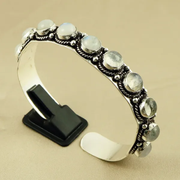 Natural 8MM Rainbow Moonstone Sterling Silver Plated Handmade Cuff Bangle — photo 1