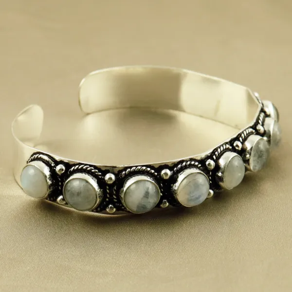 Natural 8MM Rainbow Moonstone Sterling Silver Plated Handmade Cuff Bangle — photo 3
