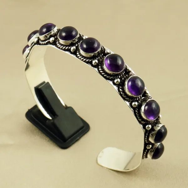 Natural 8MM Amethyst Sterling Silver Plated Handmade Cuff Bangle — photo 1