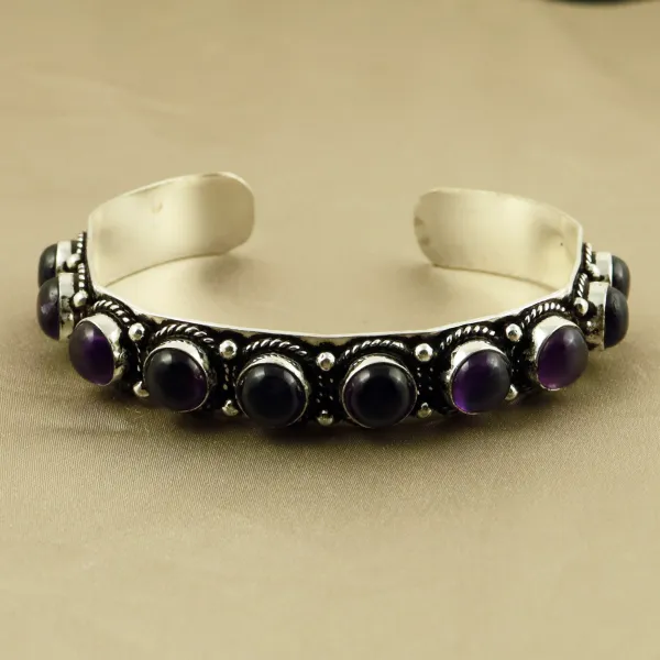 Natural 8MM Amethyst Sterling Silver Plated Handmade Cuff Bangle — photo 2