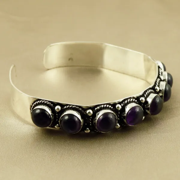 Natural 8MM Amethyst Sterling Silver Plated Handmade Cuff Bangle — photo 3