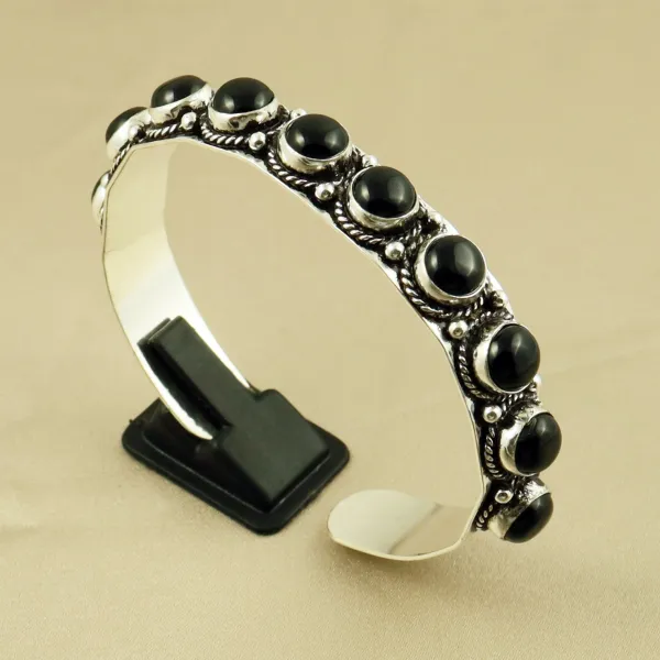 Natural 8MM Black Onyx Sterling Silver Plated Handmade Cuff Bangle — photo 1