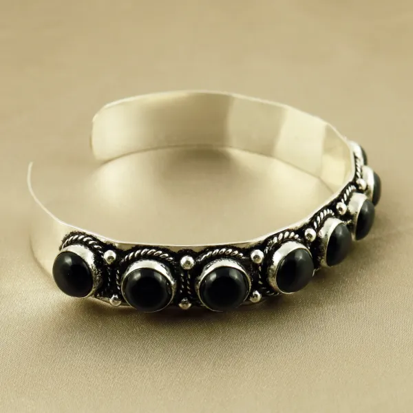 Natural 8MM Black Onyx Sterling Silver Plated Handmade Cuff Bangle — photo 3