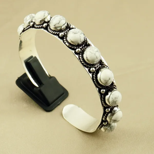 Natural 8MM Howlite Sterling Silver Plated Handmade Cuff Bangle — photo 1