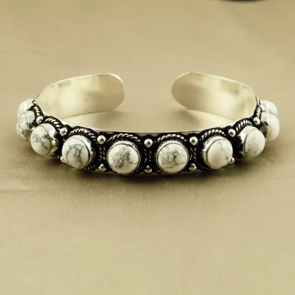 Natural 8MM Howlite Sterling Silver Plated Handmade Cuff Bangle — photo 2
