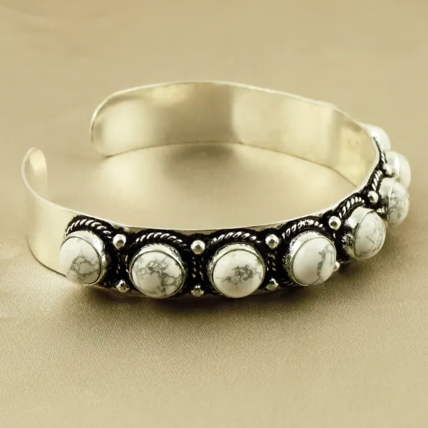 Natural 8MM Howlite Sterling Silver Plated Handmade Cuff Bangle — photo 3