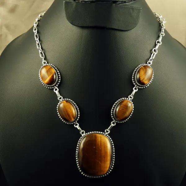 Natural Tiger Eye Sterling Silver Plated Handmade Necklace — photo 1
