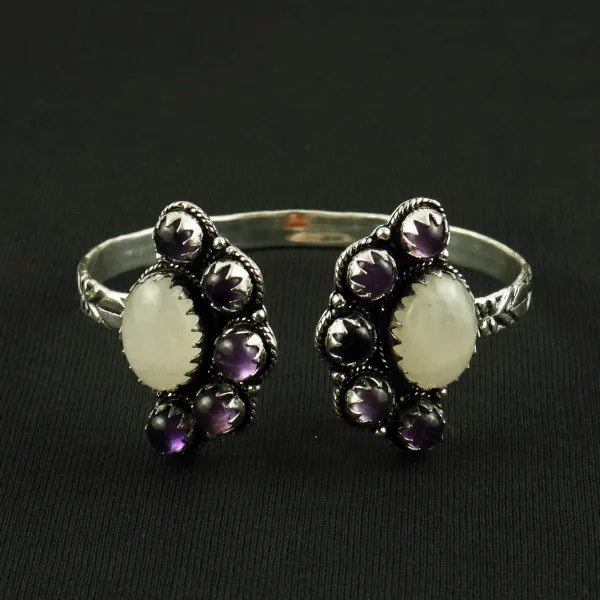 Natural Rainbow Moonstone & Amethyst Silver Plated Handmade Cuff Bangle — photo 1