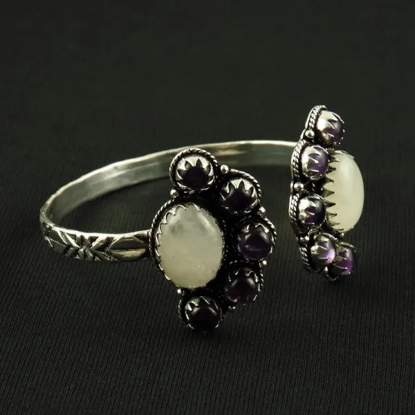 Natural Rainbow Moonstone & Amethyst Silver Plated Handmade Cuff Bangle — photo 2