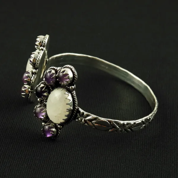 Natural Rainbow Moonstone & Amethyst Silver Plated Handmade Cuff Bangle — photo 3