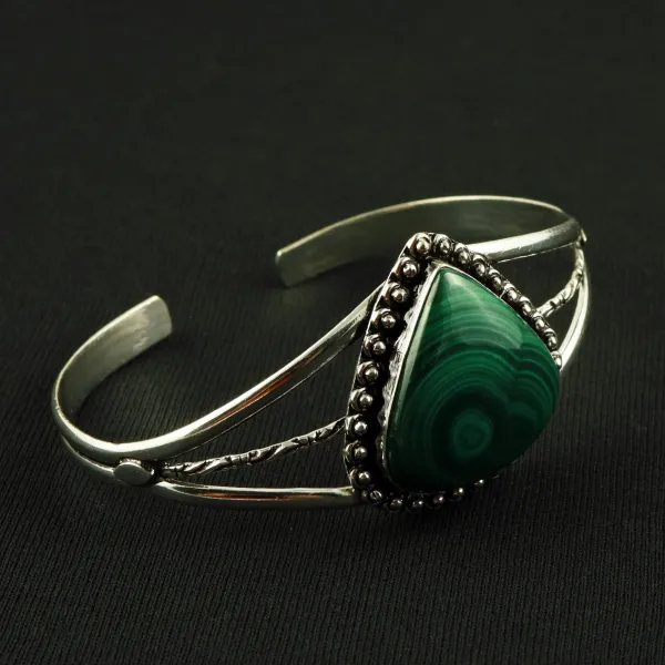 Natural Malachite Sterling Silver Plated Handmade Cuff Bangle — photo 2