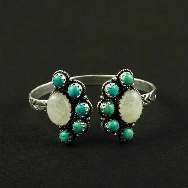 Natural Turquoise & Rainbow Moonstone Silver Plated Handmade Cuff Bangle — photo 1