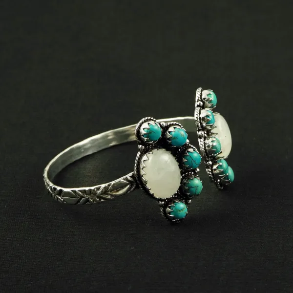 Natural Turquoise & Rainbow Moonstone Silver Plated Handmade Cuff Bangle — photo 2