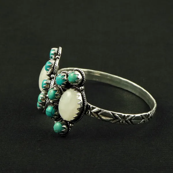 Natural Turquoise & Rainbow Moonstone Silver Plated Handmade Cuff Bangle — photo 3