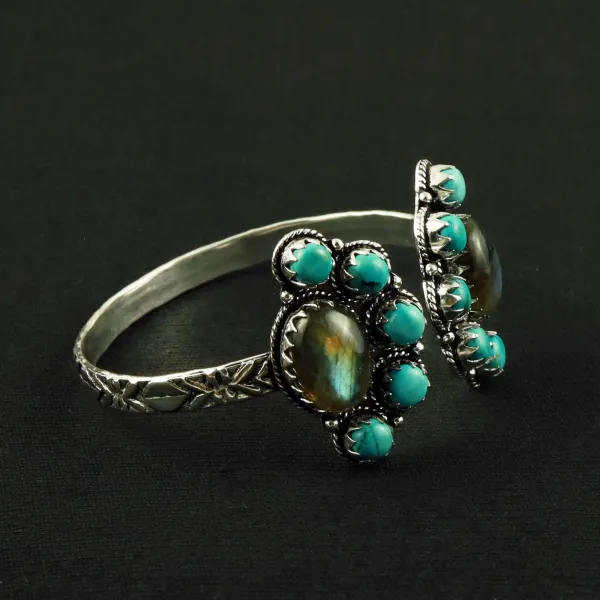 Natural Turquoise & Labradorite Silver Plated Handmade Cuff Bangle — photo 2