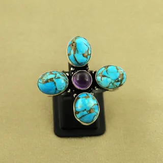Natural Kingman Turquoise & Amethyst Sterling Silver Plated Handmade Ring - Size 9.5 (Adjustable)