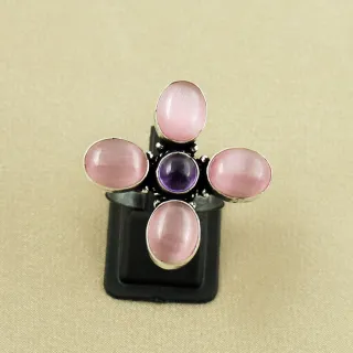 Natural Monalisa & Amethyst Sterling Silver Plated Handmade Ring - Size 9.5 (Adjustable)