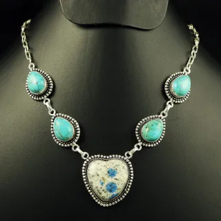 Natural K2 Jasper & Turquoise Sterling Silver Plated Handmade Necklace