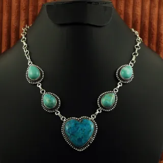 Natural Turquoise & Shattuckite Sterling Silver Plated Handmade Necklace