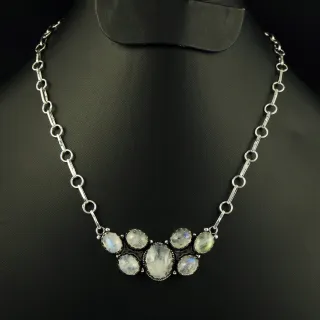 Natural Rainbow Moonstone Sterling Silver Plated Handmade Necklace