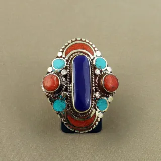 Tibetan Turquoise, Coral & Lapis Lazuli Handmade Ethnic Ring - Free Size