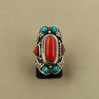 Tibetan Turquoise & Coral Handmade Ethnic Ring - Size 6.5