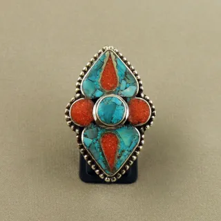 Tibetan Turquoise & Coral Handmade Ethnic Ring - Size 8.5