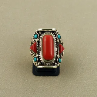 Tibetan Turquoise & Coral Handmade Ethnic Ring - Size 9