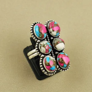 Natural Cotton Candy Sterling Silver Plated Handmade Ring - Size 8 (Adjustable)