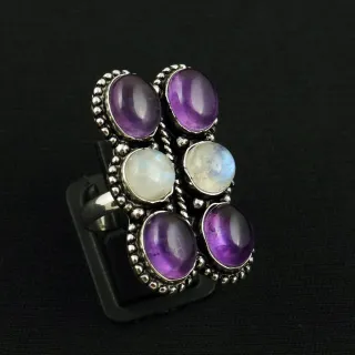 Natural Rainbow Moonstone & Amethyst Sterling Silver Plated Handmade Ring - Size 8 (Adjustable)