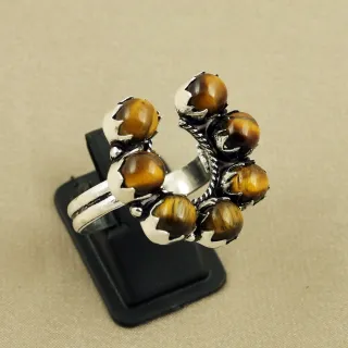 Natural Tiger Eye Sterling Silver Plated Handmade Ring - Size 11 (Adjustable)