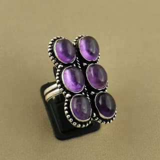 Natural Amethyst Sterling Silver Plated Handmade Ring - Size 8 (Adjustable)