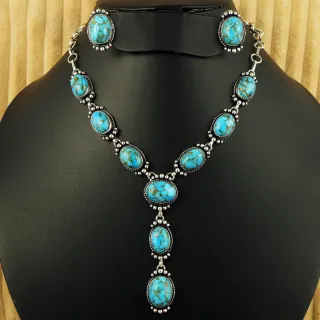 Natural Kingman Turquoise Silver Plated Handmade Necklace With Stud Earring