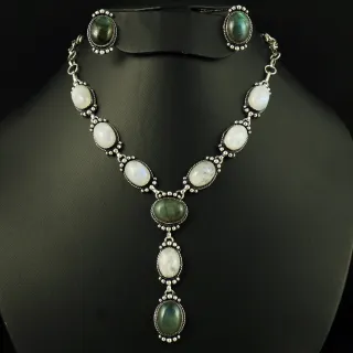 Natural Rainbow Moonstone & Labradorite Silver Plated Handmade Necklace With Stud Earring