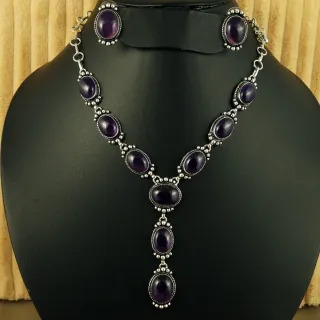 Natural Amethyst Sterling Silver Plated Handmade Necklace With Stud Earring