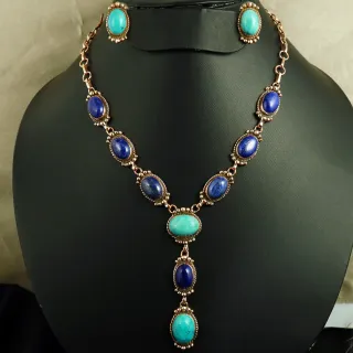 Natural Lapis Lazuli & Turquoise Copper Plated Handmade Necklace With Stud Earring