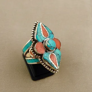 Tibetan Turquoise & Coral Handmade Ethnic Ring - Size 10