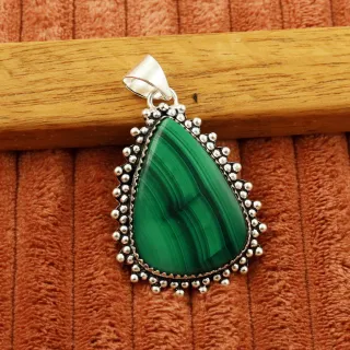 Natural Malachite 2 Micron Sterling Silver Plated Handmade Pendant