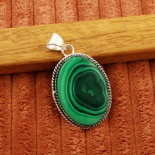 Natural Malachite 2 Micron Sterling Silver Plated Handmade Pendant