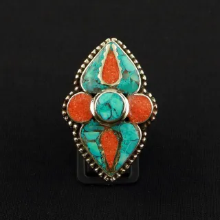 Tibetan Turquoise & Coral Handmade Ethnic Ring - Size 8.5