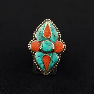 Tibetan Turquoise & Coral Handmade Ethnic Ring - Size 8.5
