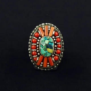 Tibetan Turquoise & Coral Handmade Vintage Ethnic Ring - Size 8.5
