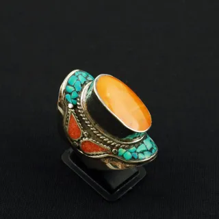Tibetan Turquoise, Coral & Copal Handmade Ethnic Ring - Size 9.5