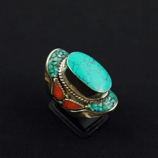 Tibetan Turquoise & Coral Handmade Ethnic Ring - Size 10