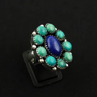 Natural Turquoise & Lapis Lazuli 2 Micron Sterling Silver Plated Handmade Ring - Size 7.5