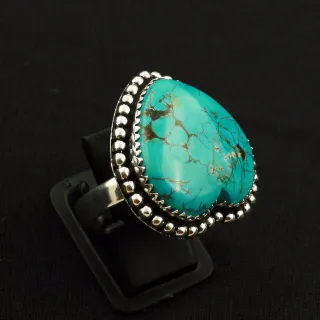 Natural Turquoise 2 Micron Sterling Silver Plated Handmade Ring - Size 9.5 (Adjustable)